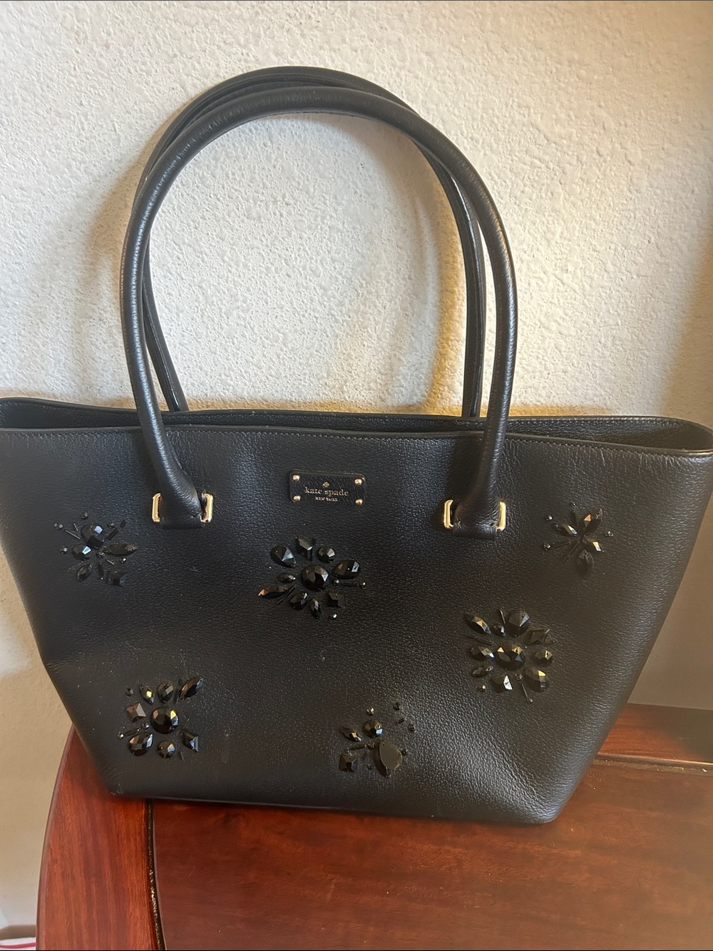 kate spade Black Jeweled Pebbled Leather Tote
